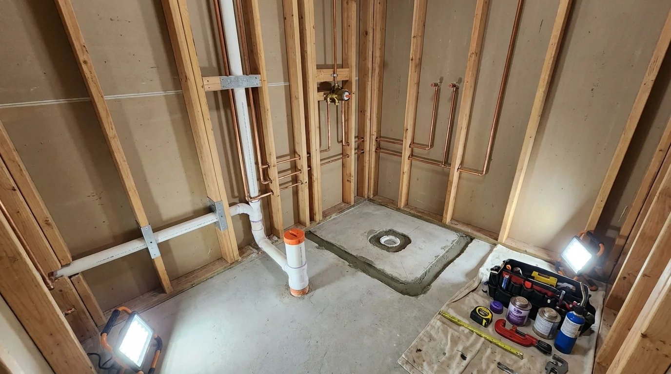 Bathroom rough-in plumbing during remodel by Johns Plumbing LLC in Cicero