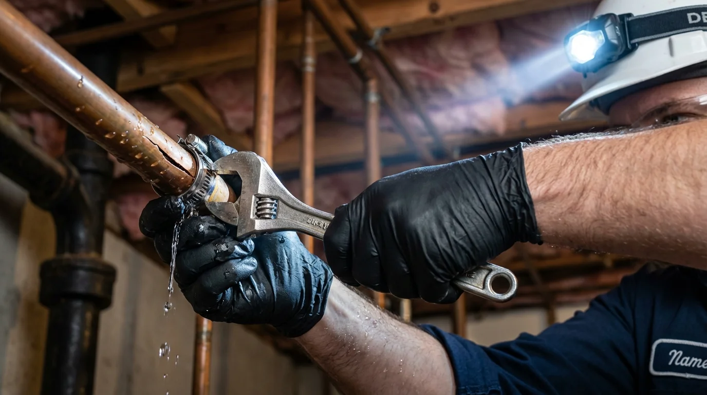 Emergency pipe clamp repair being performed by a Johns Plumbing LLC plumber in Cicero