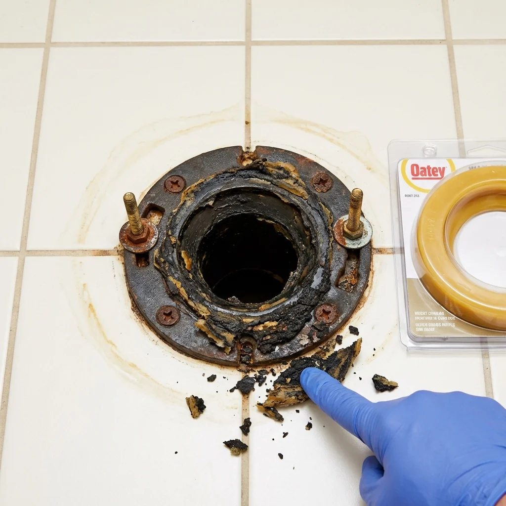 Failed wax ring showing water seepage at the base of a toilet in a Cicero, IL home