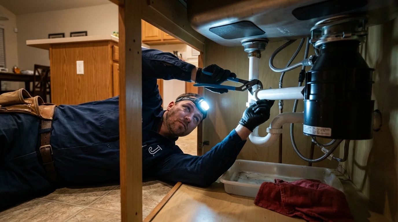 P-trap and supply line connections under a kitchen sink showing a common leak point in Cicero, IL